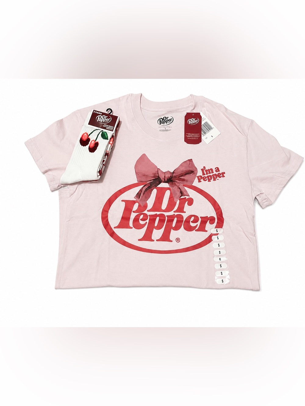 NWT Dr Pepper "I'm a Pepper" Bow Graphic Tee Size S + Crew Socks 2-Pair Bundle